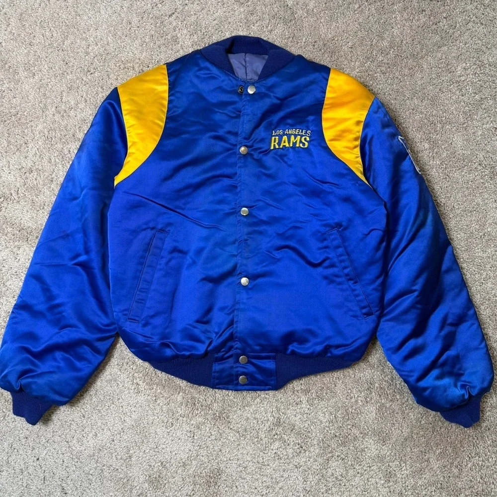 Vintage 80s 90s LA Rams Snap Bomber Jacket Blue Gold NFL Satin Fits Small-Medium